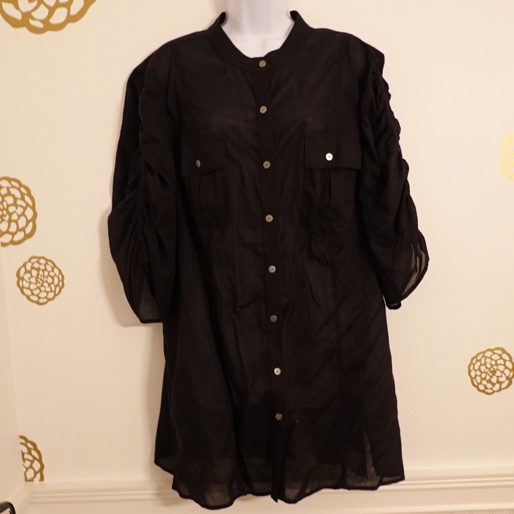 (NWT) Calvin Klein Cotton Voile 3/4 Sleeve Long Tunic 2X (Black)